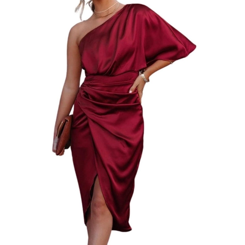 CUPSHE Women's Satin Dress Backless One Shoulder Short Sleeves Midi Sz Small